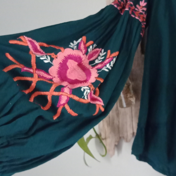 Anthropologie Green Top with Pink Embroidery - Picture 2 of 7